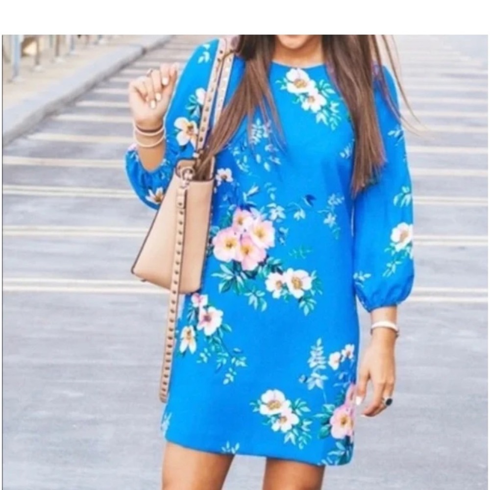 Ann Taylor Poppy Lantern Sleeve Floral Shift Dress In Seashore Blue SZ 0P! - Picture 4 of 12